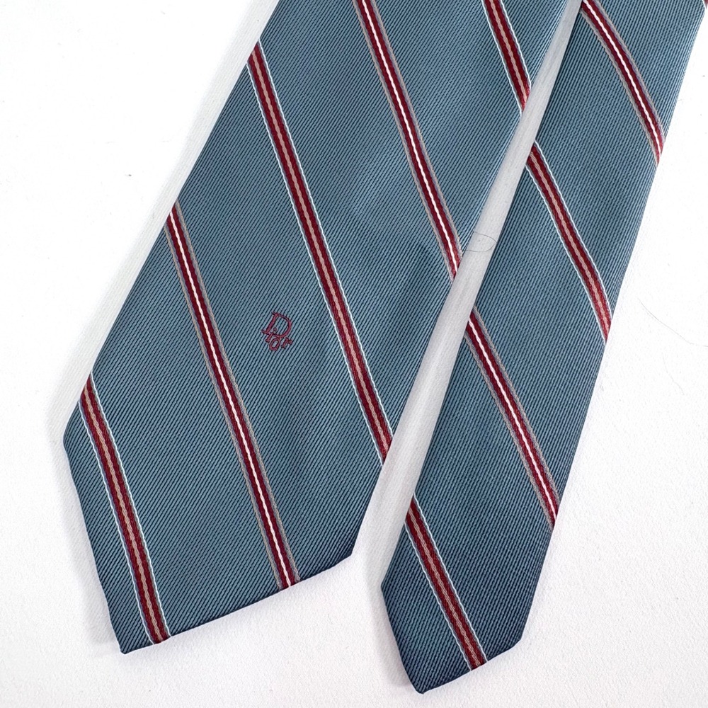 Christian Dior Tie Blue Burgundy Striped Silk Blend Vintage Logo Made in USA